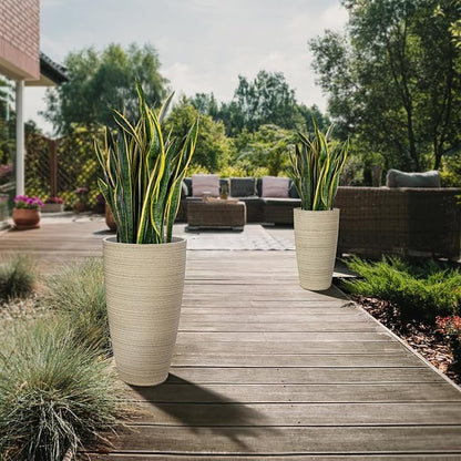 ZMTECH 4 Pack Plastic Planters 21/18/12/10in, Beige Faux Stone Finish Round Flower Pots with Drainage Holes & Saucers, Large Tall Plant Pots for Indoor Outdoor, Patio Garden Decor, Plant Containers