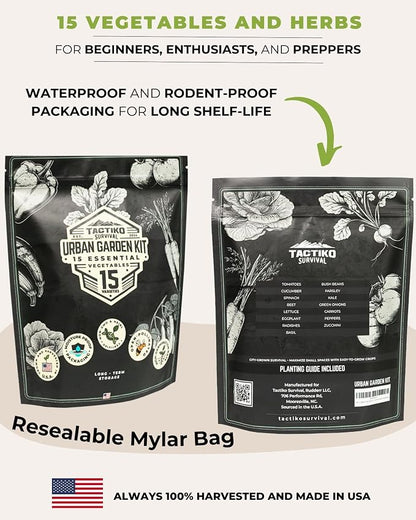 Tactiko Survival 15 Vegetable Seed Kit Varieties for Small Urban Garden, Balconies & Patios - Non-GMO, Heirloom - Popular USA-Grown Dwarf Seeds for Planting Vegetables - Indoor, Outdoor