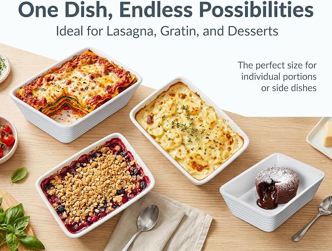 ONEMORE Small Baking Dish, Rectangle Ceramic Baking Dish for Oven, Individual Casserole Dishes for Toaster Oven, 5x7 Small Deep Lasagna Baking Dish, Oven Safe, 1-2 Person Baking Dishes Set of 4, White