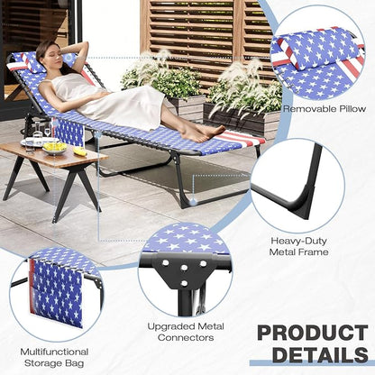 EBE Outdoor Lounge Chair, Portable Chaise Lounge Chair, Folding Sun Tanning Chairs with Detachable Pillow and Side Pocket, Reclining Chairs for Pool Beach Sunbathing, Tricolor Stripe