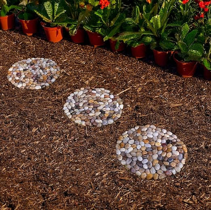 Natural River Rock Stepping Stones for Garden Walkway - Round Pebble Paver Mats with Mesh Backing - Decorative Outdoor Pathway Stones for Lawn, Backyard, Patio, and Landscaping (6 Pack, 9 Inch)