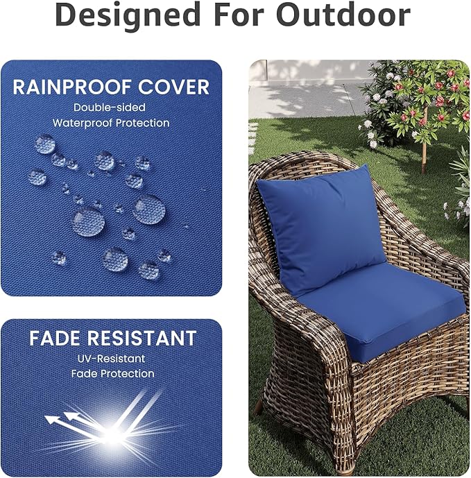 PatioGlow Outdoor Seat Cushion Set 22 x 22 x 4 Inch, Waterproof & Fade Resistant Patio Furniture Cushions with Removable Cover and Ties, Thick Deep Seating Pads for Outside Chair Sofa Couch, Blue