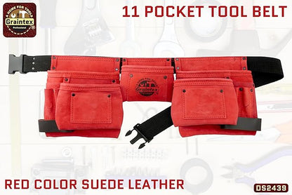 Graintex 11 Pocket Red Color Suede Leather Tool Belt/Tool Bag/Work Apron, 2 Hammer Loops, Adjustable Belt | Construction, Carpenter, Roofing Tools, Drywall, Gardening - DS2439
