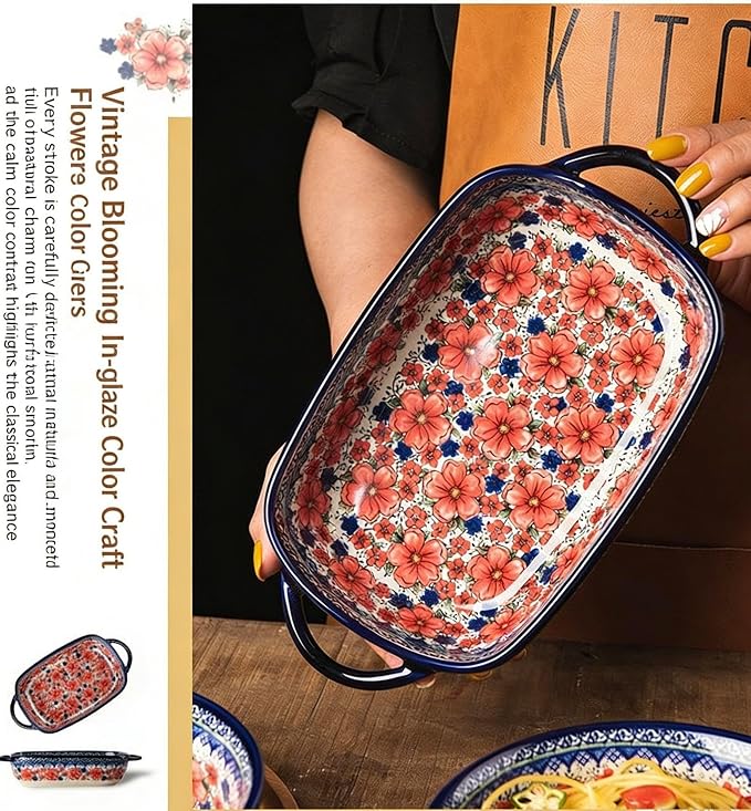 Ceramic Baking Dish with Handles, Hand-painted Polish Pottery Baking Dish Set of 2,Baking Pan Lasagna Pan, Rectangular, Floral Pattern, Oven Safe, 13.22x7.5x2.8 Inch (red)