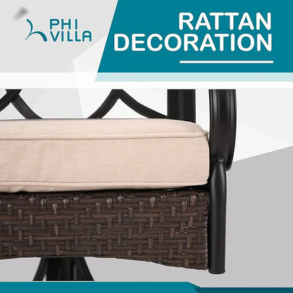 PHI VILLA Outdoor Swivel Chairs Set of 2, Heavy Duty Outdoor Metal Wicker Dining Chair with Padded Cushions, Large All Weather Wrought Iron Patio Chair for Balcony