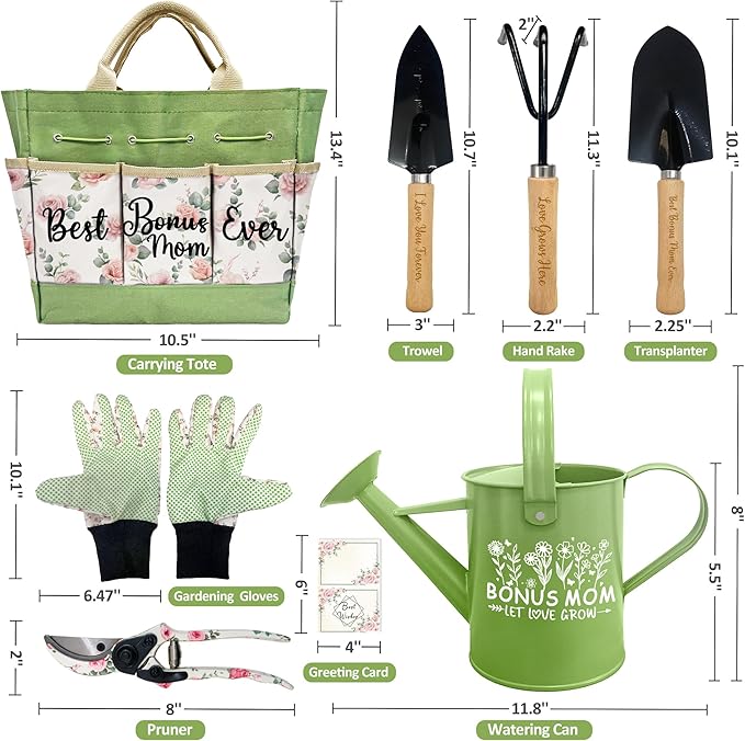 Bonus Mom Gifts, Garden Kit Mothers Day Bonus Mom Gifts from Bonus Daughter Floral Gardening Tools and Durable Garden Tools Organizer Tote, Gardening Set for Women on Birthday Plant Lover Present