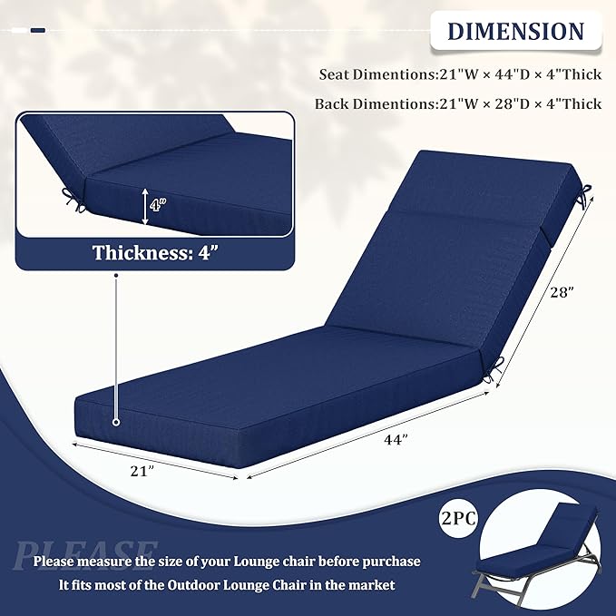 2 Pcs Chaise Lounge Cushions Outdoor, 72" L X 21" W X 4" D Lounge Chair Cushions for Outdoor Furniture, High-Density Foam Patio Chaise Cushion-Waterproof Fade-Resistant ThickPatio lounge chair cushion