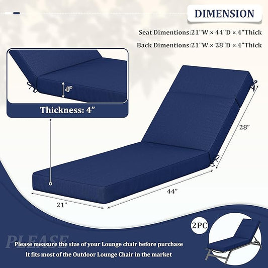 2 Pcs Chaise Lounge Cushions Outdoor, 72" L X 21" W X 4" D Lounge Chair Cushions for Outdoor Furniture, High-Density Foam Patio Chaise Cushion-Waterproof Fade-Resistant ThickPatio lounge chair cushion