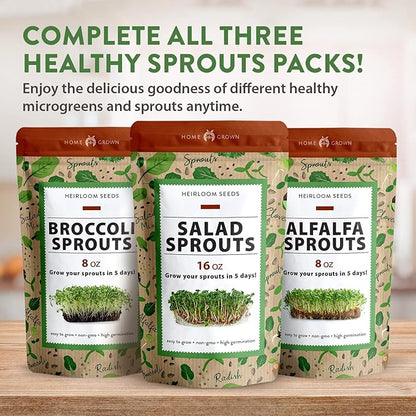 HOME GROWN Premium Sprouting Seeds Mix - Microgreens Seeds for Indoor Growing - Non-GMO Broccoli, Alfalfa, Radish, Clover Sprouts Seed - 16oz Resealable Pack for Healthy Salad & Juicing
