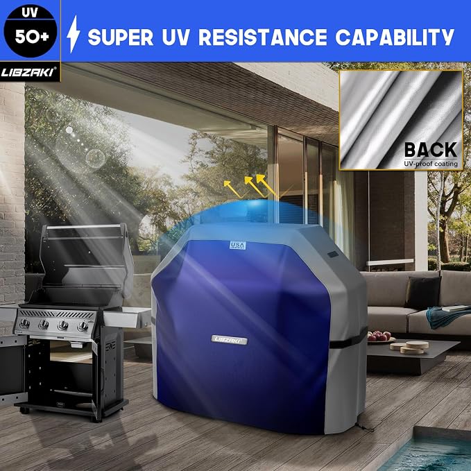 LIBZAKI Grill Cover 420D Waterproof, Weather Resistant, Rip-Proof, Anti-UV, Fade Resistant,Gas Grill Cover for Weber,Char Broil,Nexgrill Grills, etc.48 inches-Blue/Gray