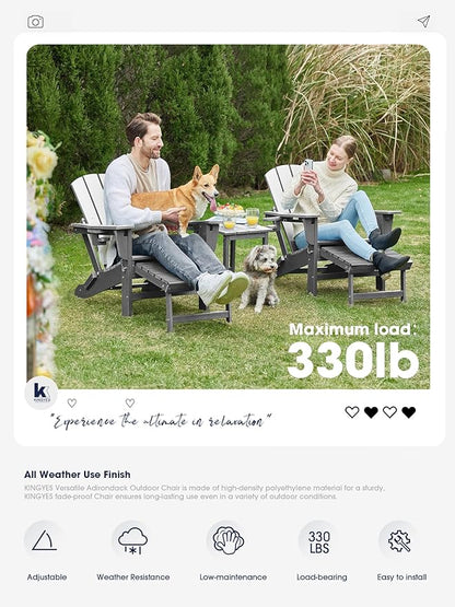 KINGYES Folding Adjustable Adirondack Chair with Retractable Ottoman Set of 2, HDPE All Weather Chair with Cup Holder, Wood-Like Reclining Adirondack Outdoor Chair - Versatile Adirondack Chair, Grey