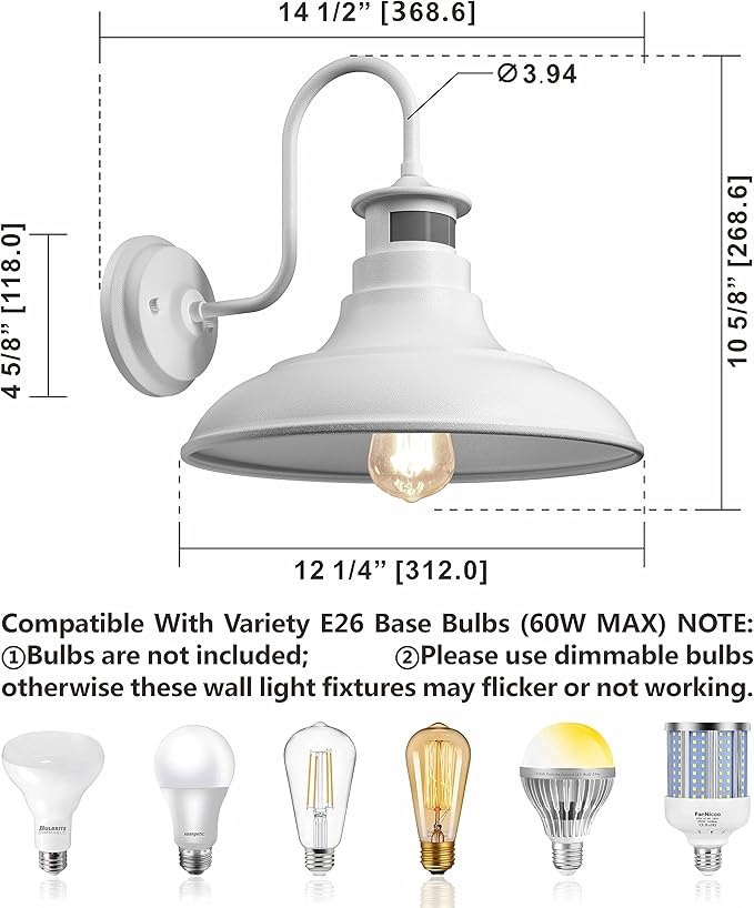 2 Pack Farmhouse Gooseneck Wall Sconce Barn Lights,Motion Sensor and Dusk to Dawn Outdoor Wall Mount Lighting Fixtures,3 Modes Exterior Porch Light IP65 Waterproof E26 Matte White Wall Lamp for Patio