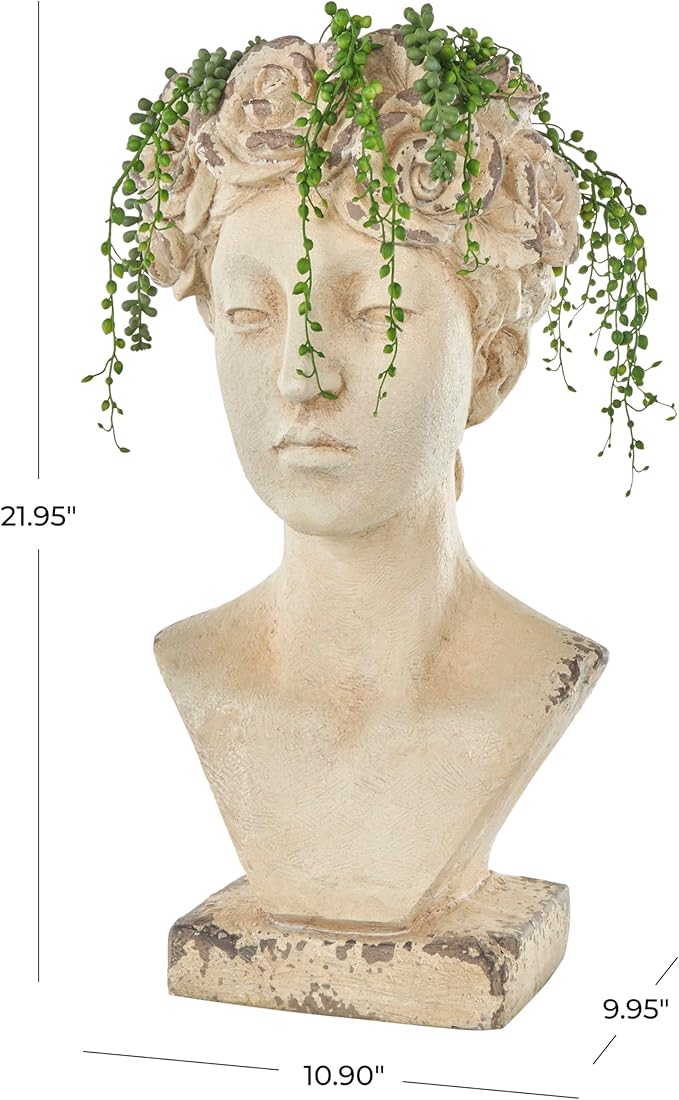 Deco 79 Magnesium Oxide Woman Indoor Outdoor Planter Distressed Antique Greek Bust Large Planter Pot with Floral Accents, Planter 11" x 10" x 22", Cream