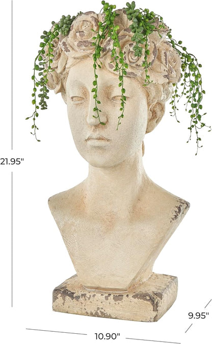 Deco 79 Magnesium Oxide Woman Indoor Outdoor Planter Distressed Antique Greek Bust Large Planter Pot with Floral Accents, Planter 11" x 10" x 22", Cream