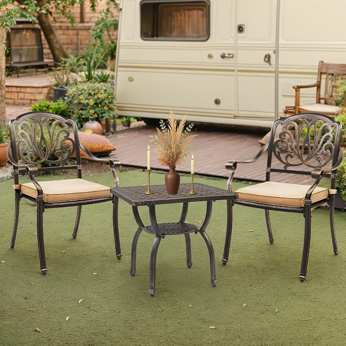 Outvita Patio Side Table, 21.3in Outdoor Square Cast Aluminum Bistro Table and Antique Design for Backyard Porch Pool Balcony Deck White