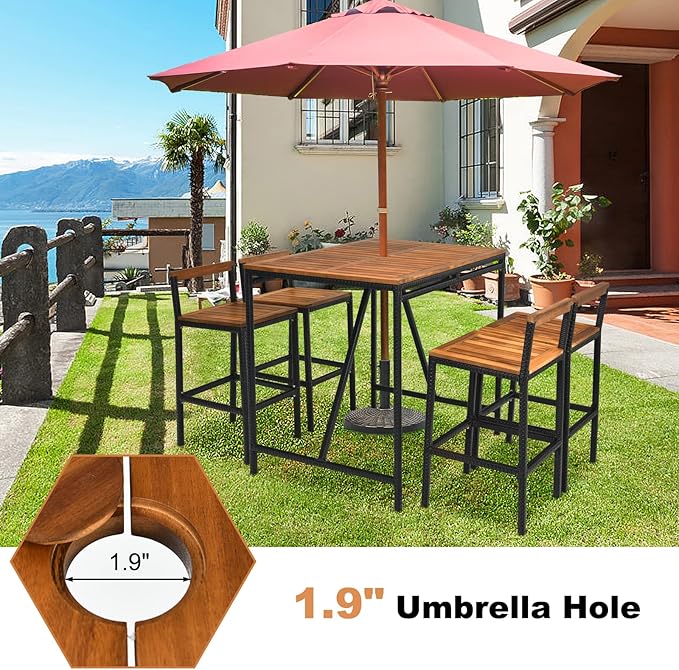 RELAX4LIFE 5-Piece Patio Bar Set, Acacia Wood Counter Height Bistro Dining Table w/Umbrella Hole, Wicker Rattan Bar Stools Set of 4 for Balcony Backyard Poolside, 5PCS Outdoor Bar Table and Chairs Set