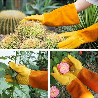 Thorn Proof Gardening Gloves for Men & Women, Long Cowhide Leather Rose Pruning Gloves with Forearm Protection, Puncture Resistant Gauntlets for Cacti, Blackberries & Yard Work(Butter Yellow,XS)