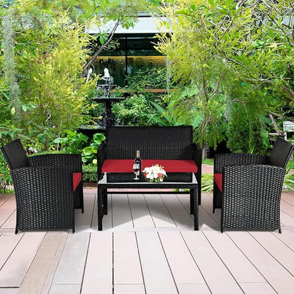 COSTWAY 4 Pieces Patio Rattan Furniture Set, Outdoor Wicker Conversation Set with Soft Cushions & Tempered Glass Coffee Table, Cushioned Chair Sofa for Backyard, Porch, Poolside, Lawn, Garden, Red