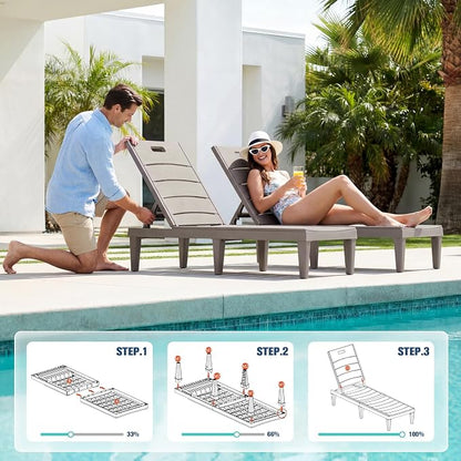 Devoko Outdoor Chaise Lounge Chair Set of 2 with 5-Position Adjustable Back, Waterproof & Lightweight PP Lounge Chairs for Outside Pool Patio (Light Brown)