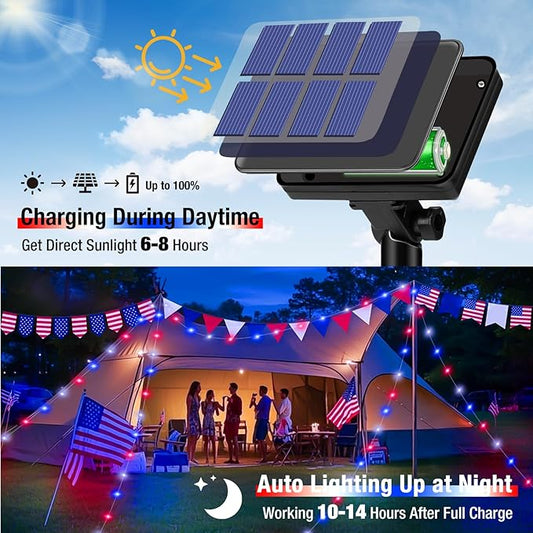 btfarm 2 Pack Red White and Blue Solar Fairy Lights, 4th of July Solar String Lights Outdoor Waterproof, 160LED 66FT Memorial Independence Day Patriotic Decorations for Outside Tree Garden Patio Yard