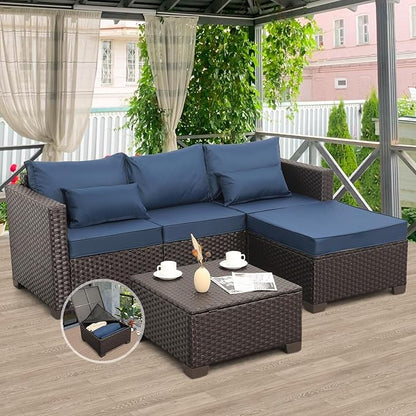 Patio Furniture Set 3 Pieces Outdoor Sectional Sofa Set Wicker Patio Furniture Outdoor Couch Outdoor Ottoman Coffee Table with Storage All-Weather Anti-Slip Cushions Waterproof Covers, Navy Blue