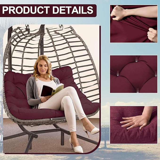 Outdoor Swing Cushions 3 Seater Waterproof, Replacement Bench Cushions for Outdoor Patio Furniture with Backrest, Porch Swing Cushion with Ties for Lawn and Garden (Wine red, 40x47in)