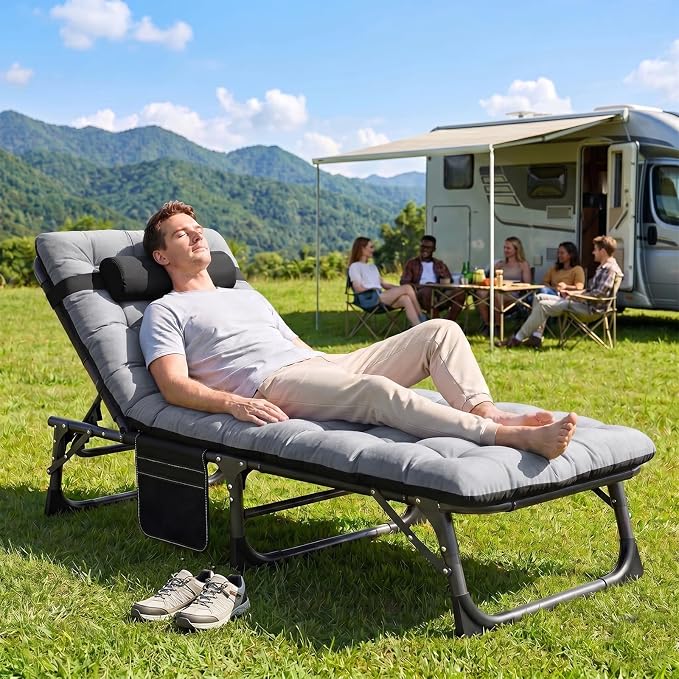 ABORON 3-in-1 Folding Patio Lounge Chair, 440LB Heavy-Duty Tri-Fold Guest Bed with Plush Cotton Cushion, No Assembly Adjustable Recliner for Office Nap, Patio Sunbathing, Poolside & Camping