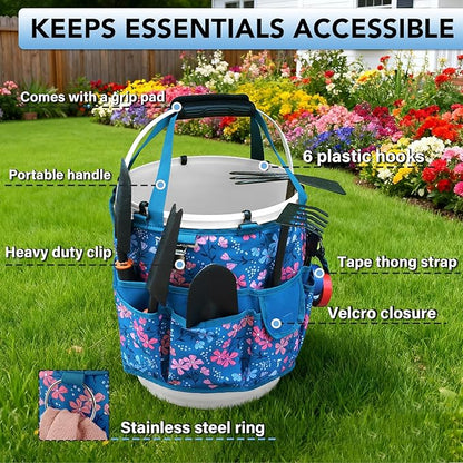 KUNN Bucket Organizer 5 Gallon 18-Pocket Tool Bucket Bag with 6 Hooks, Gardening Tool Holder Caddy for Gardeners, Outdoor Yard Work, Soil Plant Flower Gardening Accessories with Grip Pad, Blue
