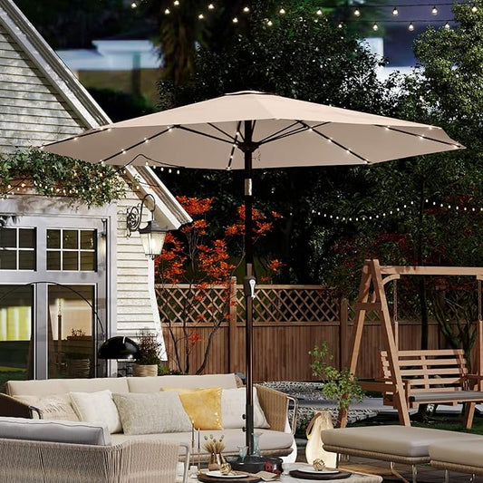 10FT Solar Umbrella 32 LED Lighted Patio Umbrella Table Market Umbrella w/Tilt and Crank, UV-Resistant Outdoor Umbrella for Pool, Garden, Deck, Beige