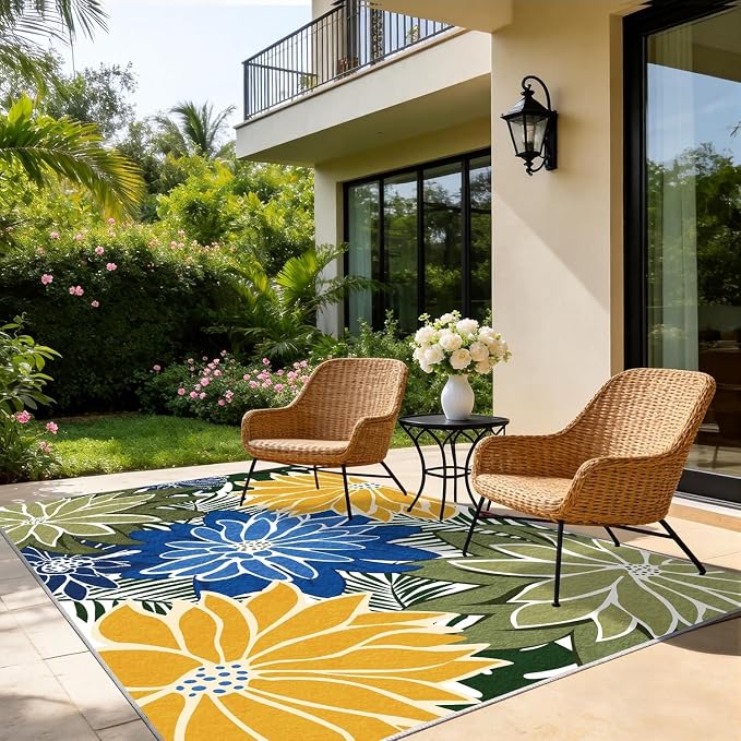ZonLi Colorful Outdoor Rug 5x8Ft Waterproof Multicolored Indoor Area Rug Washable Outdoor Patio Rugs Tropical Floral Non Slip Outdoor Carpet for Living Room, Pool,Backyard,Deck,Camping