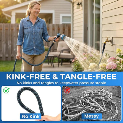 Non-Expandable Garden Hose – Ultra Lightweight & Leak-Proof Kink-Free Water Hose with 10-Function Spray Nozzle – Wear-Resistant Hybrid Hose for Yard, Lawn, Car Wash & Outdoor Use – 100 ft