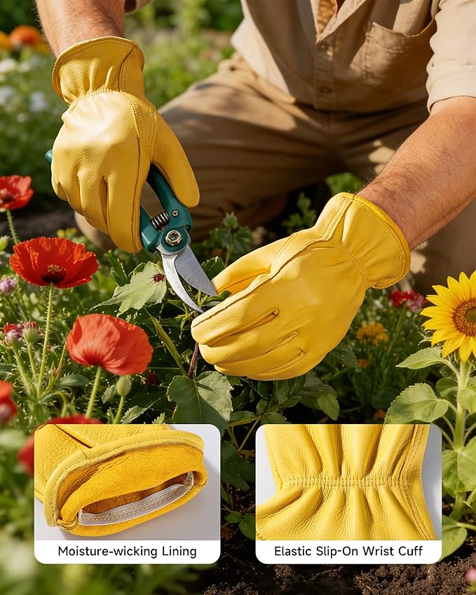 OZERO Leather Work Gloves: Mens Deerskin Gloves Soft Breathable Abrasion Resistant Gardening Firewood Glove - for Driving Riding Yardwork Ranch Farm Hunting Garage DIY for Men & Women (Gold,XL)