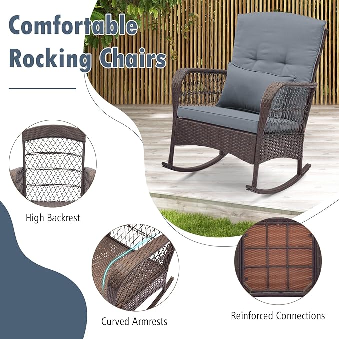 HAPPYGRILL 3 Pieces PE Rattan Rocking Bistro Set, Rocking Chairs with 2-Tier Coffee Table, Thick Pillows and Cushions, Outdoor Conversation Set for Porch, Garden and Poolside, (Gray)
