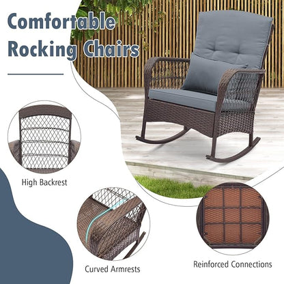 HAPPYGRILL 3 Pieces PE Rattan Rocking Bistro Set, Rocking Chairs with 2-Tier Coffee Table, Thick Pillows and Cushions, Outdoor Conversation Set for Porch, Garden and Poolside, (Gray)