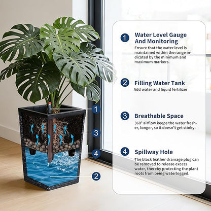 Garvee 16" Tall Planters Set of 2, Self Watering Tall Planters, Outdoor＆Indoor Planter Pots, High Front Porch Planters Pots with Drainage Holes＆Water Level Monitor, Black