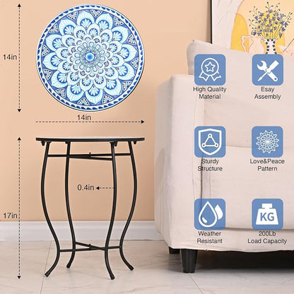 Round Side Table, Indoor Outdoor Small Side Table, Weather Resistant Black Metal Side Table for Livingroom Patio Balcony Yard Porch Garden, 14” Diameter and 17” H Patio Accent Table Plant Stand