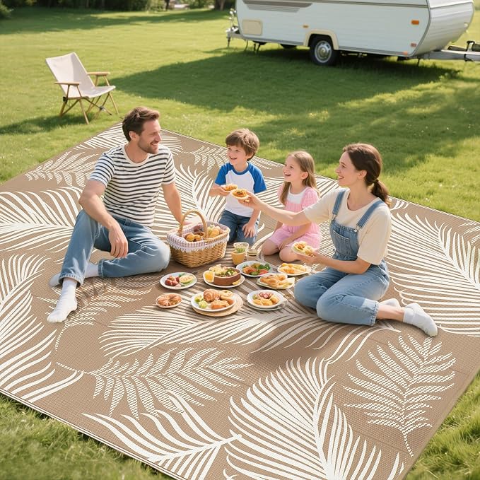 Pauwer Waterproof Outdoor Rug 8x10, Reversible Plastic Straw Patio Camping Rug, Indoor Outdoor RV Mat Carpet for Deck, Camper, Porch, Balcony, Backyard, Picnic, Leaf Brown