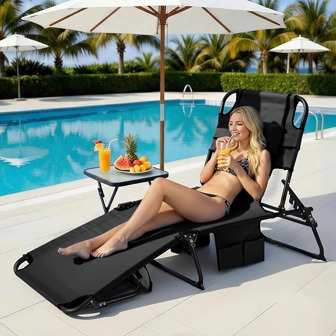 3-in-1 Sun Tanning Chair with Face Holes, Folding Chaise Lounge Chairs, 5-Position Adjustable Lounge Chair Outdoor with 2 Side Pocket & Pillow, for Pool Beach, Patio, Camping, Black