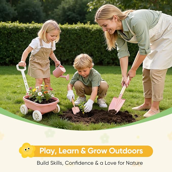 Kids Gardening Set with Wheelbarrow, 11-Piece Outdoor Yard, Beach, STEM Garden Play Kit with Child-Sized Tools, Durable, Safe & Fun Gift Toy for Ages 2+ Kids Toddlers Boys Girls (Pink)