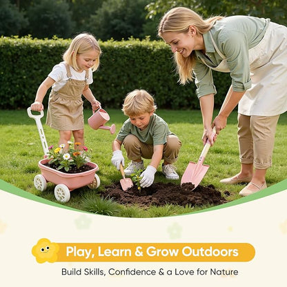 Kids Gardening Set with Wheelbarrow, 11-Piece Outdoor Yard, Beach, STEM Garden Play Kit with Child-Sized Tools, Durable, Safe & Fun Gift Toy for Ages 2+ Kids Toddlers Boys Girls (Pink)