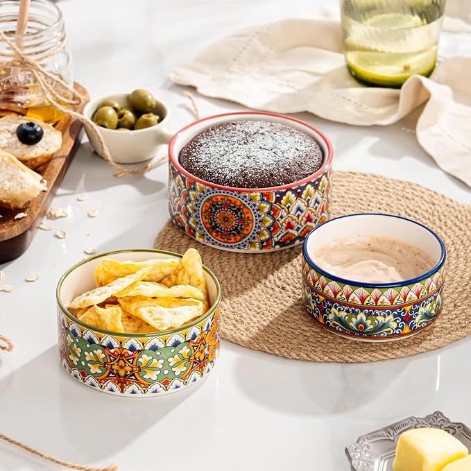 Henten Home Ceramic Ramekins Set Oven Safe, Colorful Cake Ramekins Set of 6, Boho Baking Cups for Pudding, Souffle, Ice Cream, Snack, Creme Brulee (8 oz)