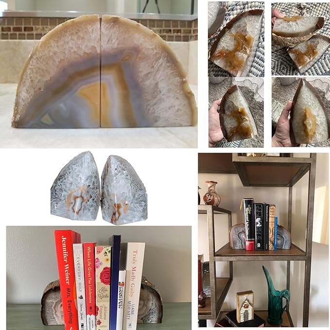 JIC Gem Natural Geode Bookends Decorative Agate Book Ends Stone Book Ends Holders for Shelves with Rubber Bumpers (1 Pair, 3-4 LBS)