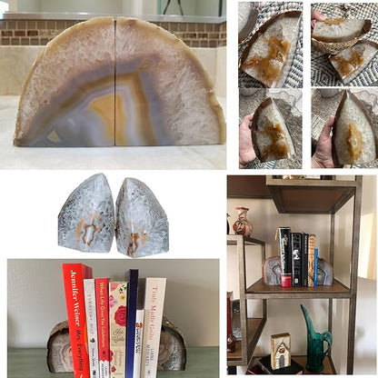 JIC Gem Natural Geode Bookends Decorative Agate Book Ends Stone Book Ends Holders for Shelves with Rubber Bumpers (1 Pair, 3-4 LBS)