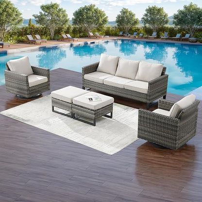Rilyson Wicker Outdoor Patio Furniture Set - 5 Piece Patio Conversation Set with 2 Swivel Rocker Chairs,2 Rattan Ottoman and 1 Couch for Outside Porch Deck Backyard Garden(Mixed Grey/Beige)