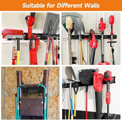 Garage Tool Organizer Wall Mount, Heavy Duty 48 Inches Garage Organization and Storage Racks for Yard Tools with 6 Hooks, Tool Hangers Holders for Hanging Folding Chair, Rake and Shovel