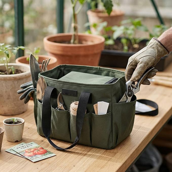 3Pcs Garden Tool Bag Organizer, Heavy Duty 600D Oxford Fabric Gardening Tote with 11 Pockets Apron Soil Replacement Mat Foldable Standable for Gardening Storage