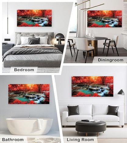 Muolunna BK03998 Wall Art Decor Canvas Print Picture Red Forest Waterfalls 1 Piece Modern Landscape Tree for Living Room Bedroom Office Home Decorations Stretched and Framed Ready to Hang