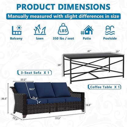 Vista Vibe 2 Pieces Outdoor Patio Conversation Furniture Set - 78" 3-seat Sofa | Metal Coffee Table, Deep Seat Loveseat, Removable Cushions, Hand-Woven PE Rattan Couch, Lawn (Brown/Navy)