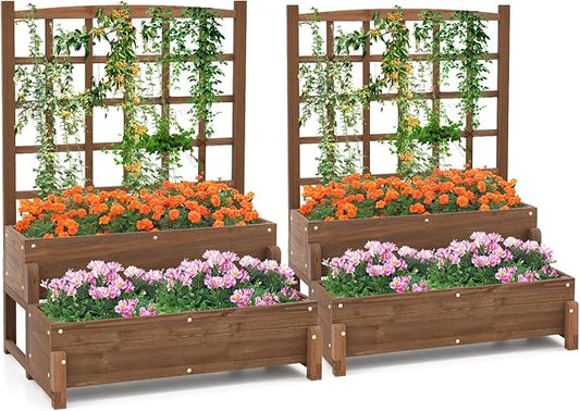 2 Pieces Raised Garden Bed with Trellis, 2-Tier Wooden Elevated Planter Box with Legs, Hemp Rope & Drainage Holes, Raised Plant Bed for Backyard, Garden, Lawn