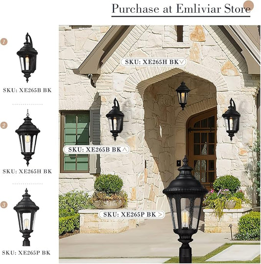 Emliviar 25 Inch Outdoor Post Light for House, Vintage Exterior Pole Lantern Light Fixture, Black Finish with Seeded Glass Shade, XE265P BK